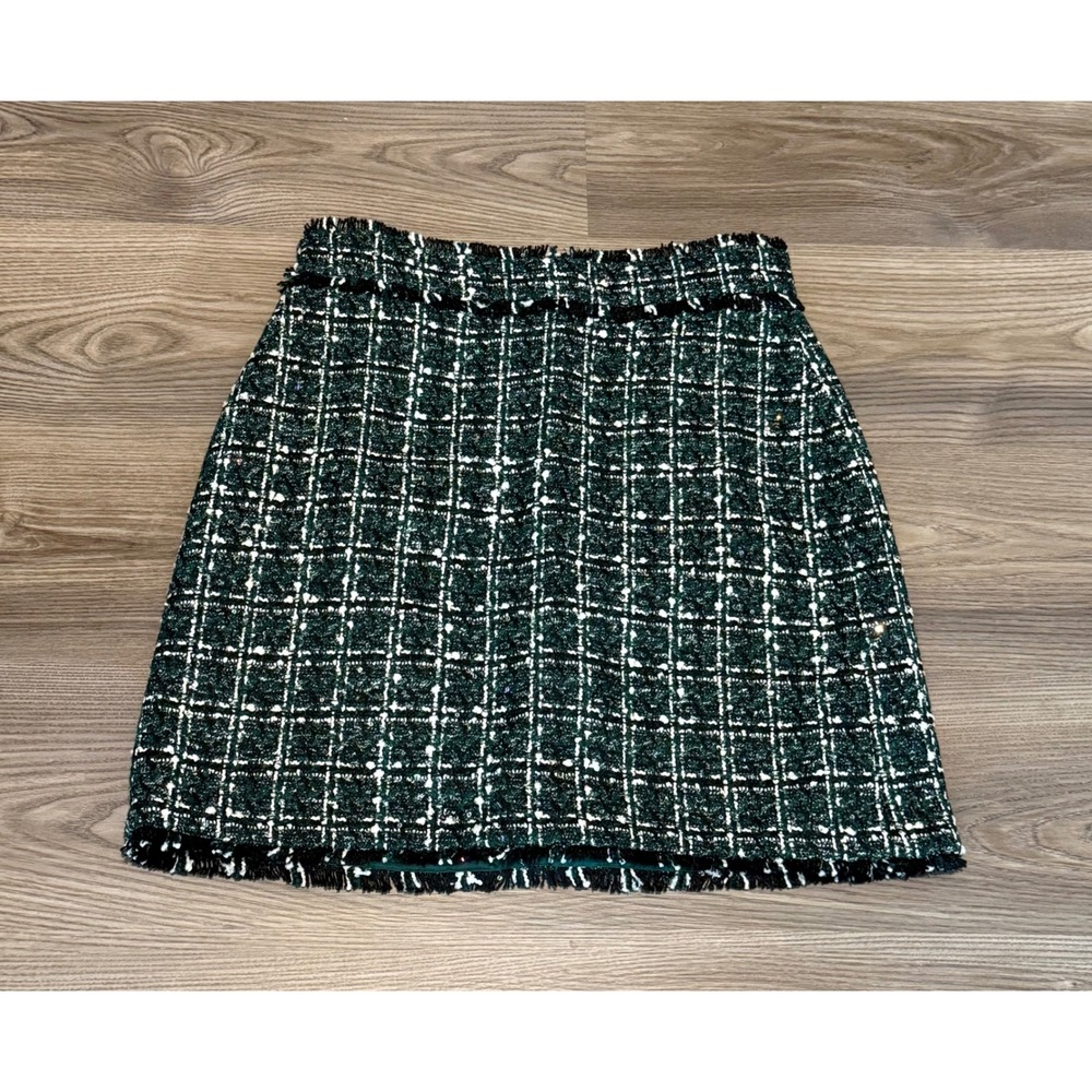 Ann Taylor Green Tweed Plaid Mini Skirt Sequin Fringe Trim size 6P 6 Petite NWT